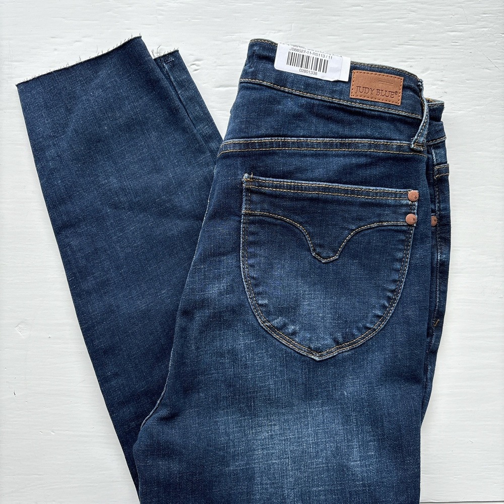 Judy Blue Womens Jeans 11/30 Dark Wash Blue High Rise Skinny Fit‎ Raw Hem NWT - Picture 3 of 15